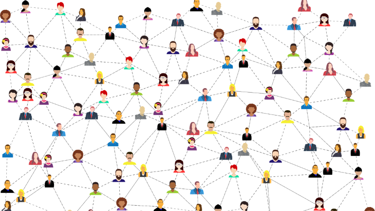 Representação de networking, através de várias pessoas interligadas por linhas tracejadas.